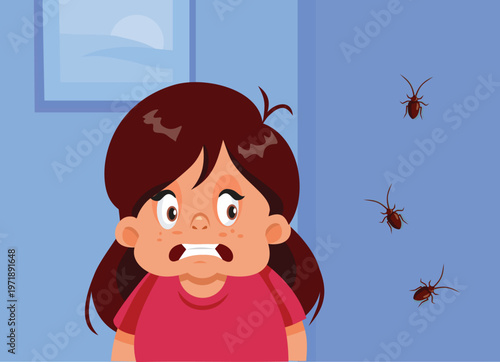 Stressed Little Girl Fearful of Cockroaches Vector Cartoon Illustration. Terrified child looking at the insects crawling on a dorm wall