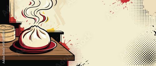 Steaming Hot Delicious Asian Dumpling on a Plate with Bamboo Steamer.