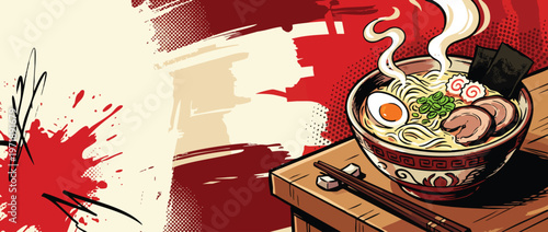 Steaming Hot Ramen Bowl with Delicious Ingredients and Chopsticks.