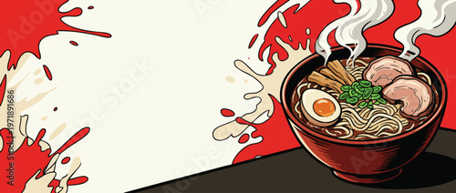 Steaming Hot Ramen Bowl with Noodles Egg Pork and Vegetables.