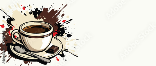 Stylized Coffee Cup with Spoon and Chocolate on Saucer.