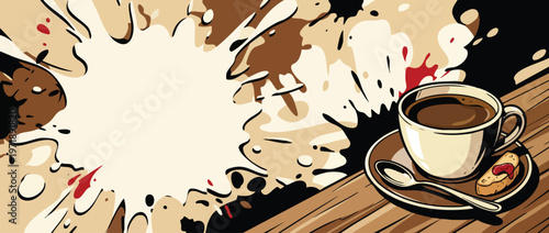 Warm Coffee Cup on Wooden Table with Spoon and Cookie.