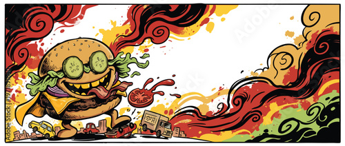 Whimsical Cartoon Burger Character with Cucumber Glasses and Cape.