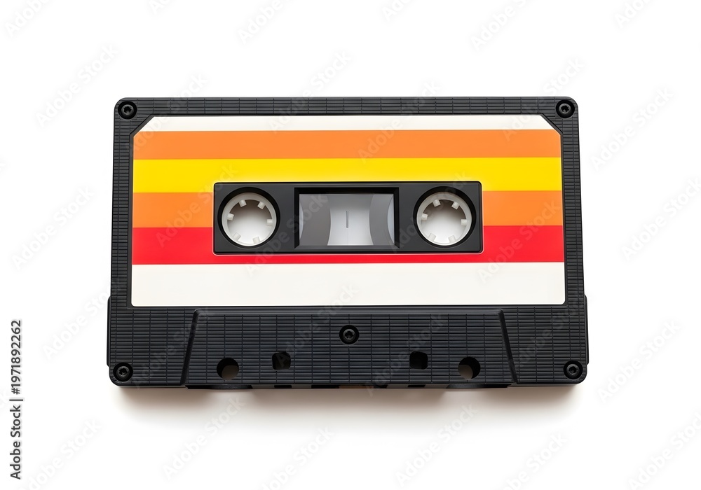 Fototapeta premium Retro audio cassette tape with vintage rainbow stripes on black plastic housing isolated on white