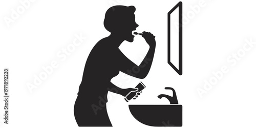 Person silhouette, brushing teeth, oral hygiene, bathroom sink, mirror reflection, toothpaste tube, daily routine, self care, healthy habit, flat vector illustration