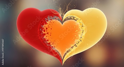 Two vibrant hearts, one red and one yellow, with intricate designs and splashes of color, set against a blurred, bokeh background.