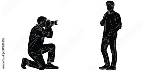 Photographer and model silhouette illustration, portrait photography artwork, creative interaction design, camera shooting vector, artistic lifestyle composition illustration