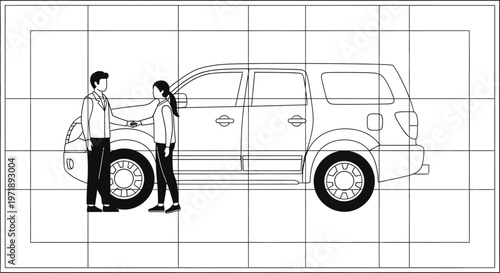 Outline vector illustration of two people shaking hands next to a car, all contained within a precise grid for accurate scaling