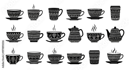 Ethnic pattern coffee cup collection featuring ornate tribal designs and bohemian folk art illustrations on various mugs teapots and takeout containers silhouettes
