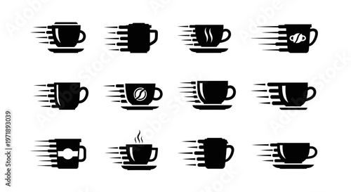 Fast coffee delivery service icons featuring speed lines on various mug silhouettes including takeout cups and ceramic glasses for quick beverage shipping concepts