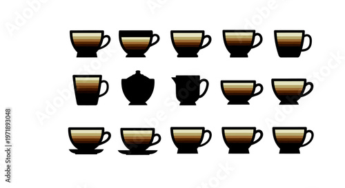 Layered coffee drink composition set showing different brew ratios with brown color gradients representing milk foam espresso and chocolate in stylish silhouettes
