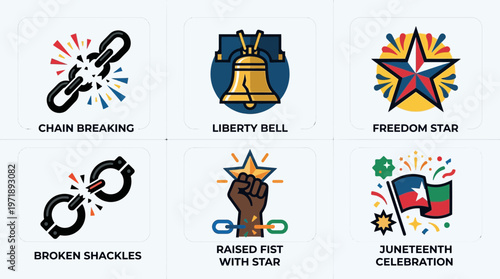 Vibrant collection of Juneteenth themed icons celebrating freedom and liberation from oppression, symbolizing historical milestones and social justice for all