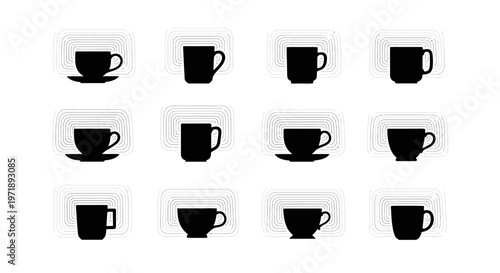 Minimalist black coffee mug silhouettes with radiating square line backgrounds representing heat or wireless signals for modern technology and hospitality concepts