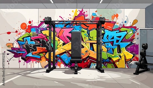 A colorful gym interior with graffiti wall and exercise equipment