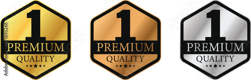 No. 1 Premium Quality Hexagon Badge. Number 1 label in gold, bronze, silver color. For icon, logo, seal, cap, sticker, emblem, badge, label. Vector Image