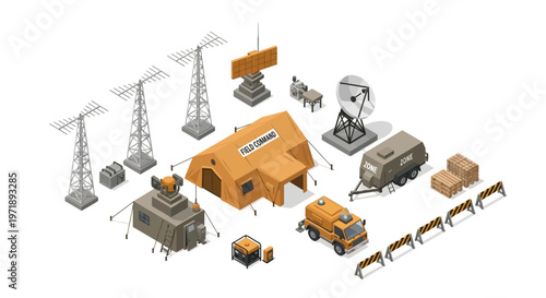 Isometric vector art showcases a dockyard defense base with radar, storage, and service cranes alongside patrol boats, all rendered in a 3D isometric perspective with a strong military