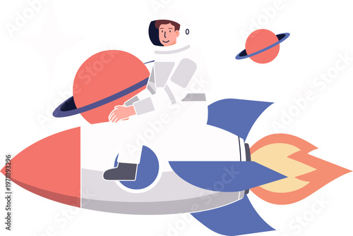 Joyful astronaut explores the cosmos aboard a sleek rocket, journeying past distant planets in a vibrant display of space adventure and futuristic exploration