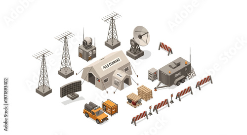 Isometric vector illustration showcasing a detailed military command pier and dockyard defense base, complete with service cranes, radar systems, and patrol boats, all rendered