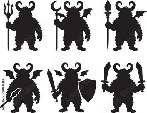  Cartoon Demon Monster Silhouette Set with Weapons Black Vector