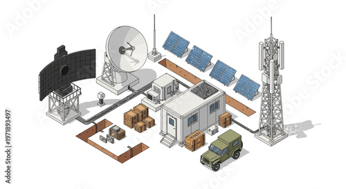 Isometric vector design presents a dockyard defense base pier with patrol boats and service cranes, featuring radar and storage facilities against a clean background, rendered in a 3D style