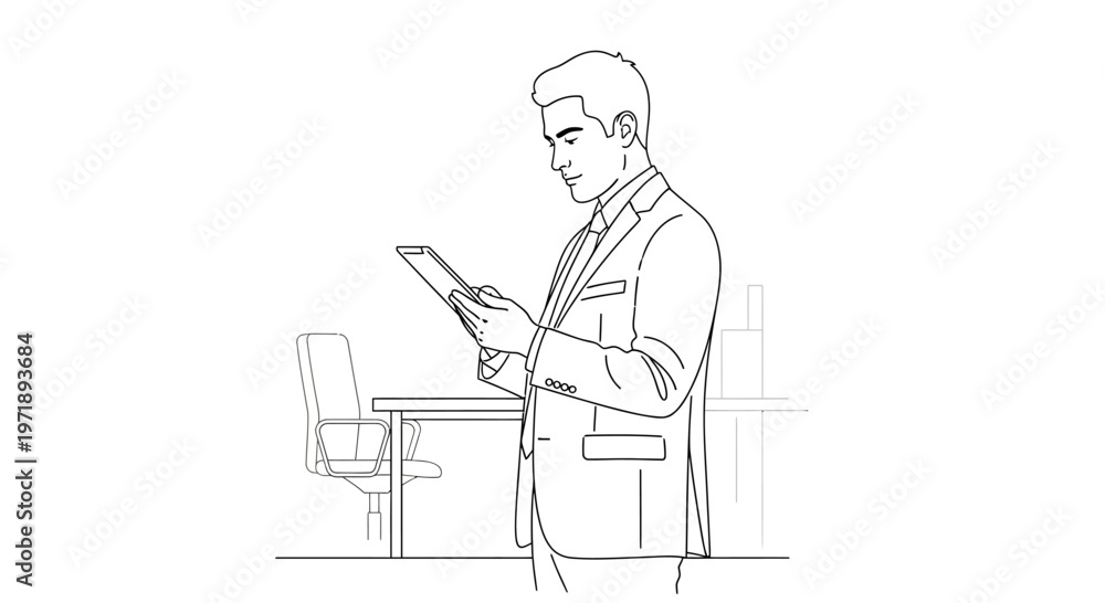 Fototapeta premium Businessman reading documents standing up straight.