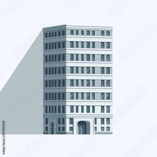 A tall, white, multi-story building with numerous windows and a long shadow cast on its side, depicted in a minimalist style.