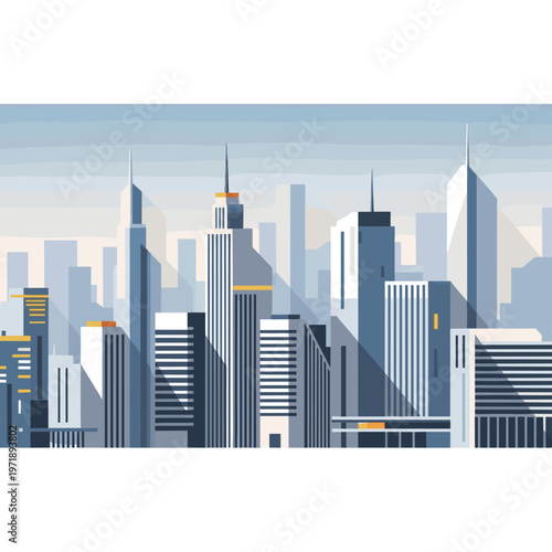 A stylized illustration of a modern city skyline with tall skyscrapers under a clear sky.