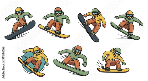 Snowboarder action poses set isolated illustrations active winter sport