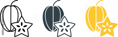Minimalist starfruit carambola vector icon set featuring line art silhouette and flat yellow color styles for exotic tropical fruit food branding.