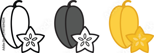 Minimalist starfruit carambola vector icon set featuring line art silhouette and flat yellow color styles for exotic tropical fruit food branding.