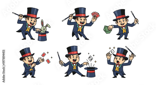Magician performing magic tricks vector illustration set