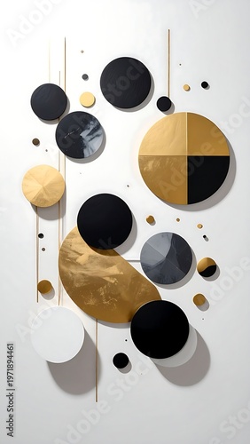 A modern geometric art piece featuring various metallic spheres