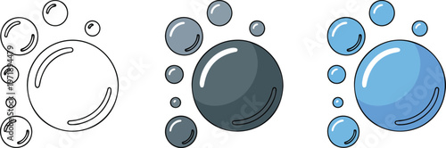 Minimalist soap bubble vector icon set featuring thin line outline silhouette and flat blue color styles for cleaning hygiene and fresh laundry branding.