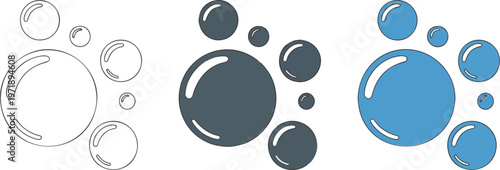 Minimalist soap bubble vector icon set featuring thin line outline silhouette and flat blue color styles for cleaning hygiene and fresh laundry branding.