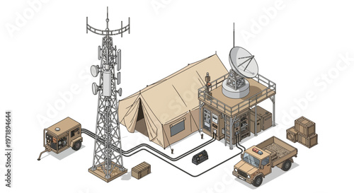 Isometric vector illustration of a military command pier featuring a dockyard defense base with patrol boats, radar, storage, and service cranes, all rendered in a detailed, 3D design
