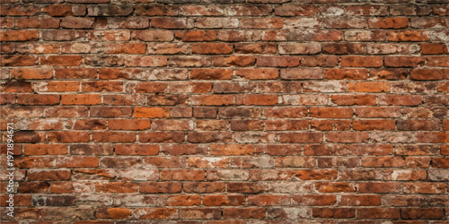 An old red brick wall showcases a weathered texture and grunge pattern, featuring a rough building surface of dirty stone and cement blocks in a classic architectural brickwork structure