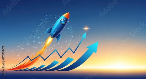 A rocket ship with a blue and orange color scheme, flying through a blue sky with a golden sunset in the background, leaving a trail of orange flames behind it. 