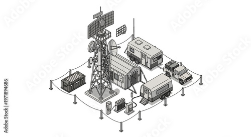 Isometric vector illustration showing a detailed military port facility with storage, service cranes, and radar equipment depicted in a 3D style on a white background, showcasing a dockyard