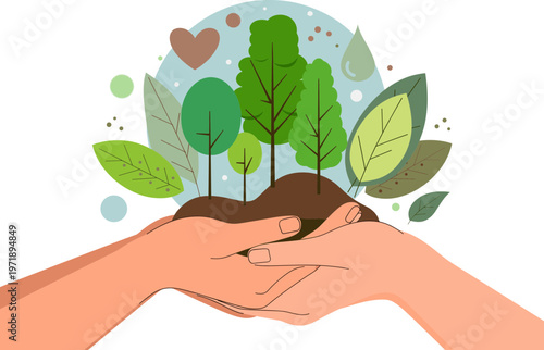 Human hands gently cradling fertile soil with young trees and vibrant leaves, symbolizing environmental care, sustainable growth, and the vital role of planting for a greener future