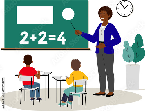 Teacher instructing students on a math problem on a chalkboard in a classroom setting