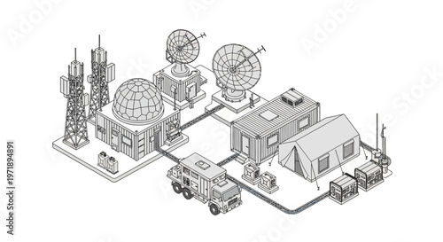 Isometric vector art illustrates a military command pier at a naval base, showing patrol boats, service cranes, radar equipment, and dockyard storage in a neutral color palette