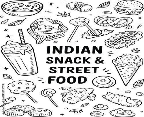 Indian snack and street food doodle set with samosa, burger, and lassi, vector line art