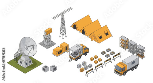 Isometric vector illustration featuring a military naval base with a dockyard defense base pier, patrol boats, radar, storage, and service cranes depicted in a clean, bright, and detailed