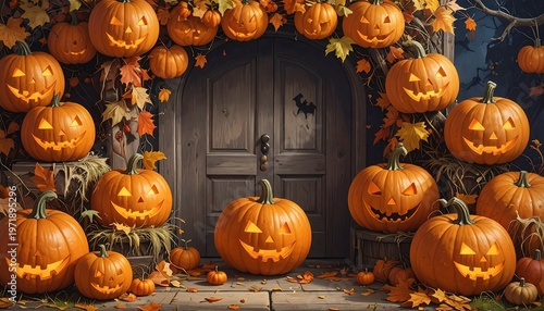 A doorway surrounded by carved jack-o-lanterns and autumn leaves