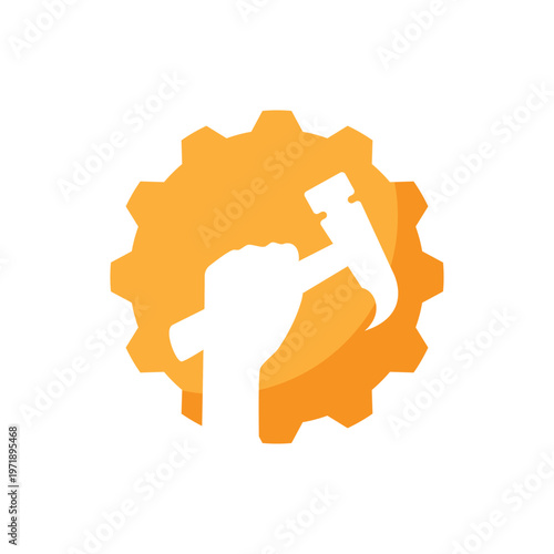 Hand holding a hammer and gear