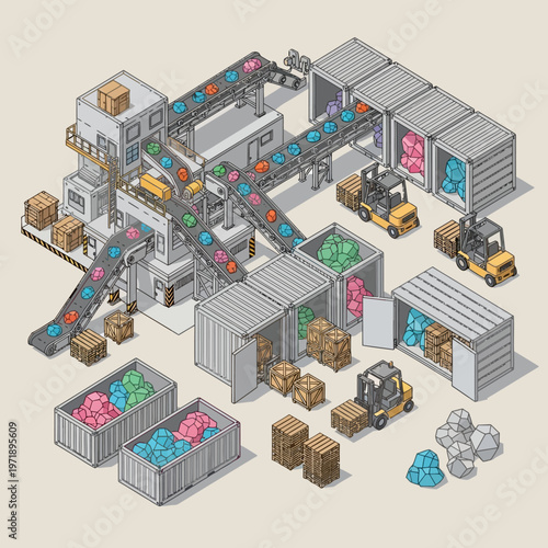 Isometric illustration of industrial recycling facility.