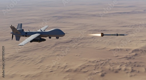 An unmanned aerial vehicle (UAV) drone fires a missile over a vast desert landscape, showcasing modern military technology and aerial combat.