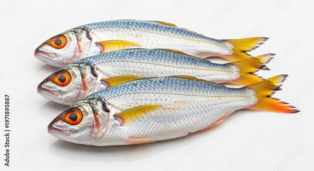 Obraz premium Three fresh raw fish with orange eyes and yellow fins isolated on white background