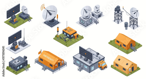 Isometric vector illustration showcasing a military naval base, featuring a dockyard defense base pier with radar installations, storage facilities, service cranes, and patrol boats, all