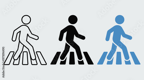 Crosswalk sign. Pedestrian crossing the road icon. Person walking cross the road. Zebra roadsign vector illustration. Man walk symbol. Human safety sidewalk pictogram.